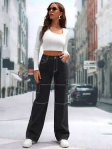 SHEIN Tall 高腰翻蓋口袋包縫牛仔褲 - 黑色 - 查看 4