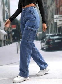 SHEIN Tall High Waist Flap Pocket Cargo Jeans - Medium Wash - View 4