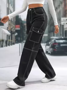 SHEIN Tall 高腰翻蓋口袋包縫牛仔褲 - 黑色 - 查看 5