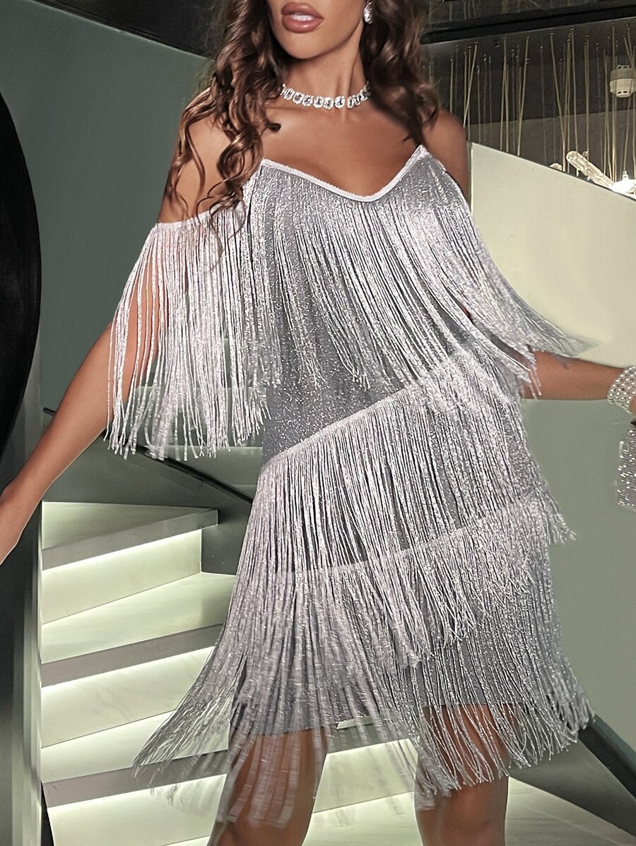 Cold Shoulder Layered Fringe Trim Dress - Silver - View 1