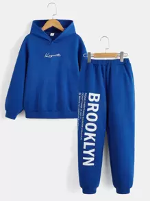 SHEIN Cậu bé Tween Đồ họa Chữ cái Thả vai Áo Hoodie & Quần thể thao - Xanh đậm - Xem 1