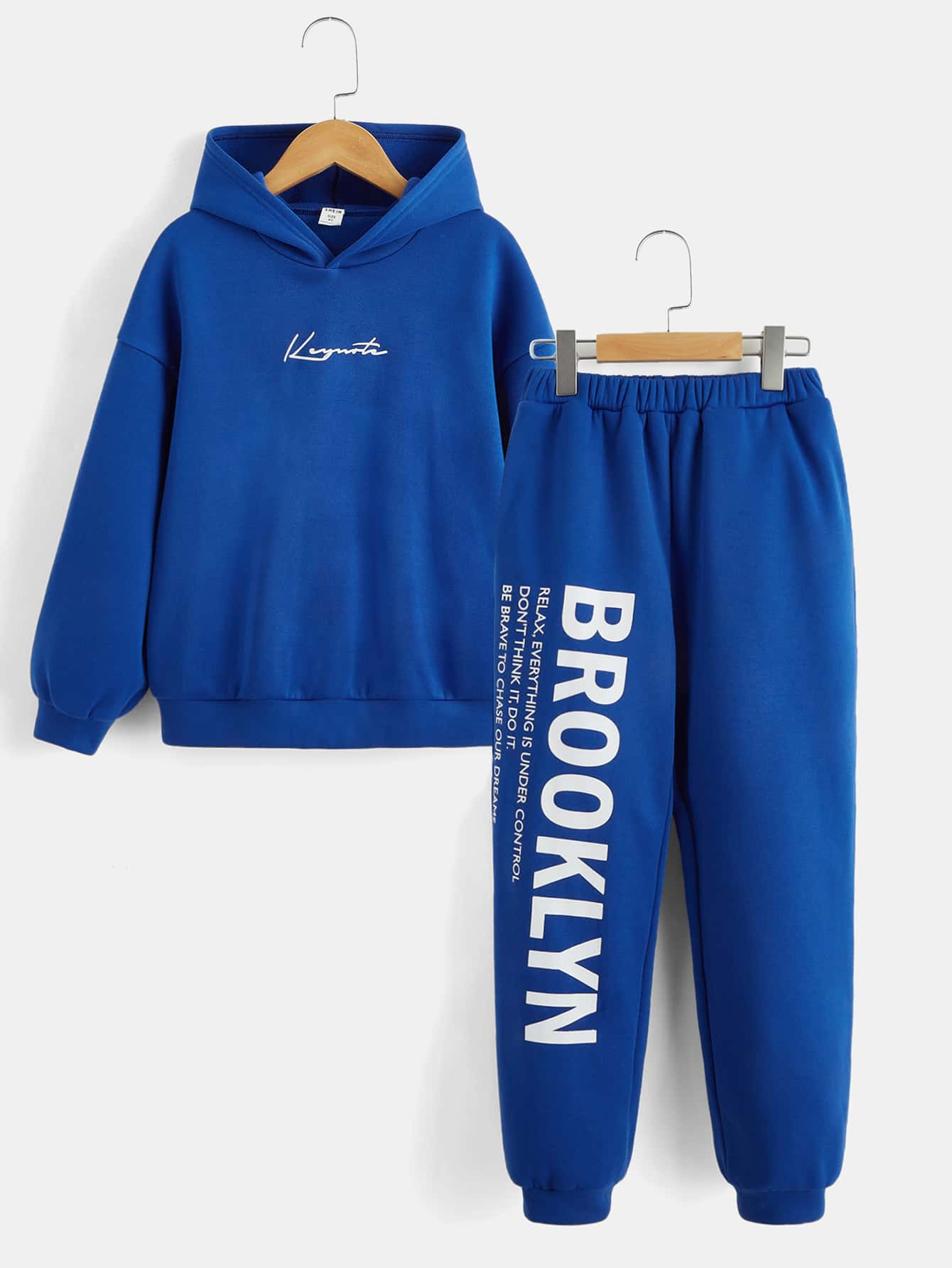 SHEIN Cậu bé Tween Đồ họa Chữ cái Thả vai Áo Hoodie & Quần thể thao - Xanh đậm - Xem 1