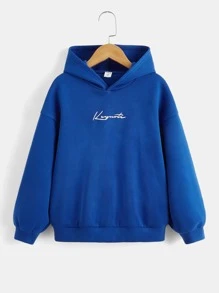 SHEIN Cậu bé Tween Đồ họa Chữ cái Thả vai Áo Hoodie & Quần thể thao - Xanh đậm - Xem 7