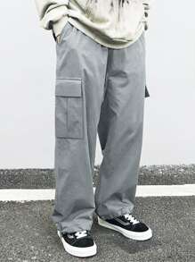Manfinity Hypemode Men Flap Pocket Side Drawstring Waist Cargo Trousers - Light Grey - View 4