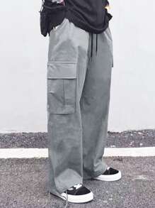 Manfinity Hypemode Men Flap Pocket Side Drawstring Waist Cargo Trousers - Light Grey - View 6