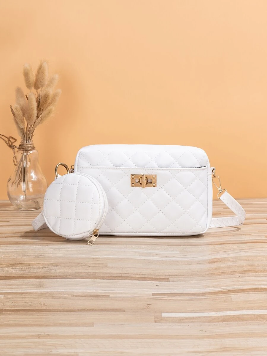 Quilted Twist Lock Square Bag With Coin Purse - White - View 1