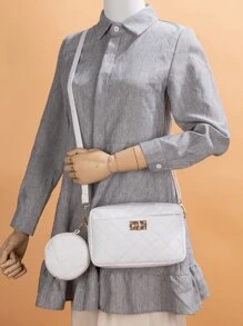 Quilted Twist Lock Square Bag With Coin Purse - White - View 3