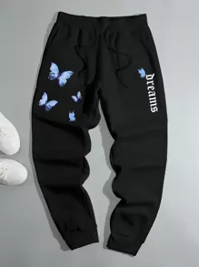 Manfinity Hypemode Men Butterfly & Letter Graphic Drawstring Waist Joggers - Black - View 1