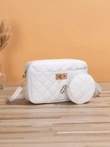 Quilted Twist Lock Square Bag With Coin Purse - White - View 4