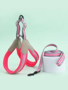 Supet 1set Striped Print Pet Leash & Harness - Hot Pink - View 1