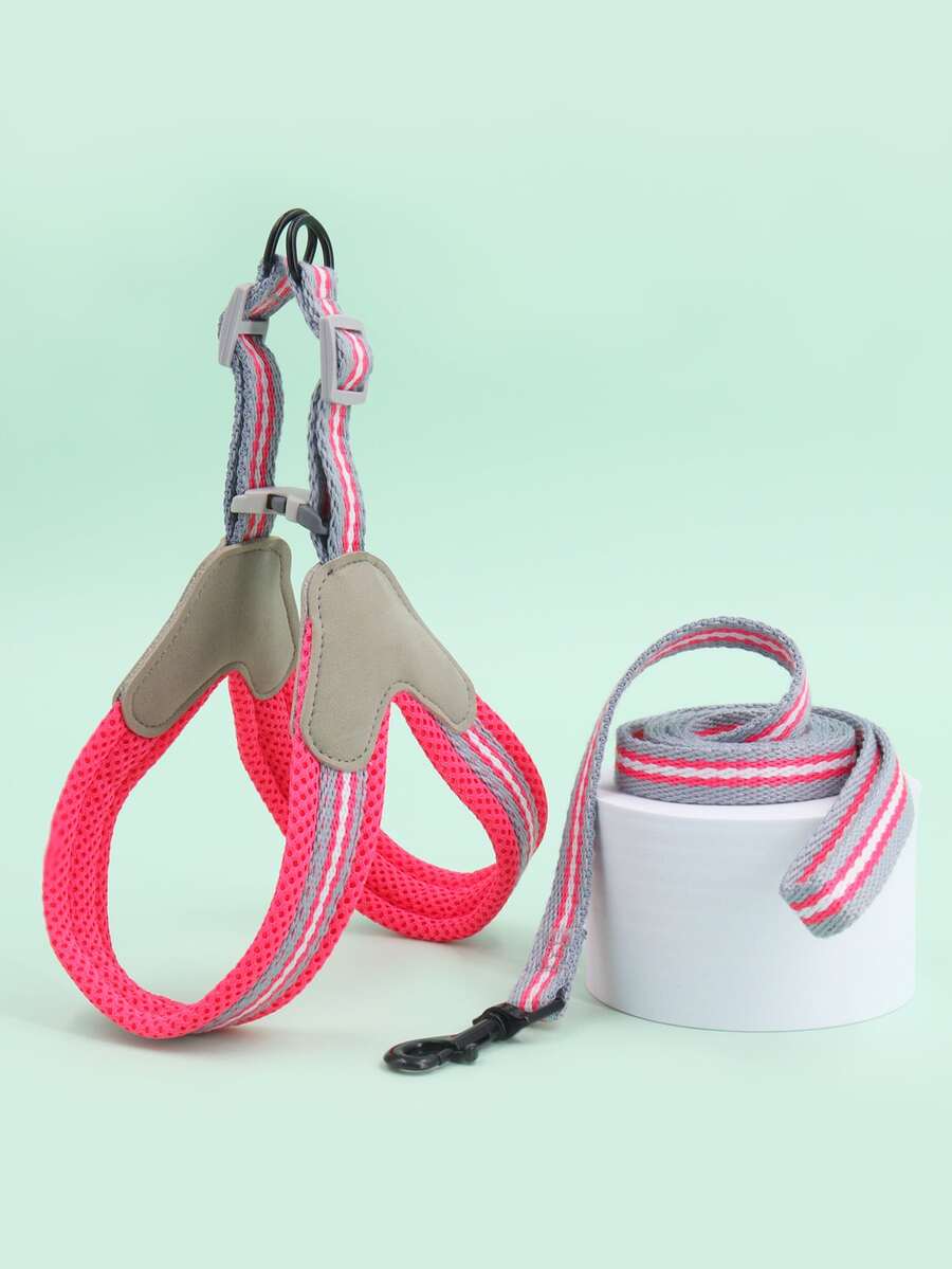 Supet 1set Striped Print Pet Leash & Harness - Hot Pink - View 1
