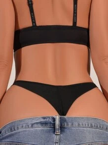 Floral Lace Cut-Out Thong Lingerie - Black - View 2