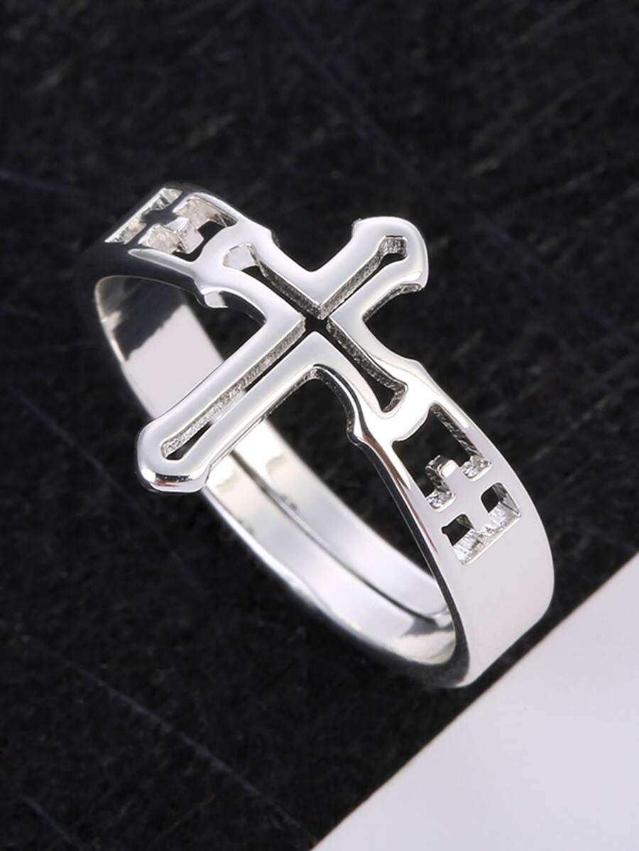 時尚流行1入組男士十字設計戒指，不銹鋼首飾，適合珠寶禮物和時尚外觀 - 銀色 - 查看 1