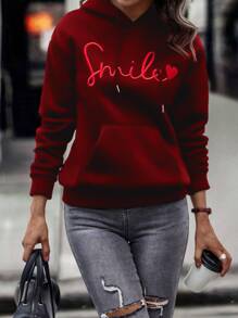 SHEIN LUNE Quần áo thể thao nữ Dây kéo Thêu Túi Tim Lá thư Giải trí - Màu Đỏ Sâu - Xem 1