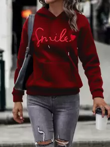 SHEIN LUNE Quần áo thể thao nữ Dây kéo Thêu Túi Tim Lá thư Giải trí - Màu Đỏ Sâu - Xem 3