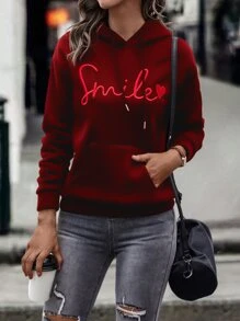 SHEIN LUNE Quần áo thể thao nữ Dây kéo Thêu Túi Tim Lá thư Giải trí - Màu Đỏ Sâu - Xem 6