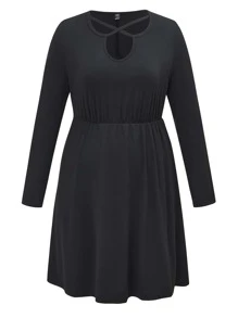 Plus Criss Cross Keyhole Neck Dress - Black - View 1