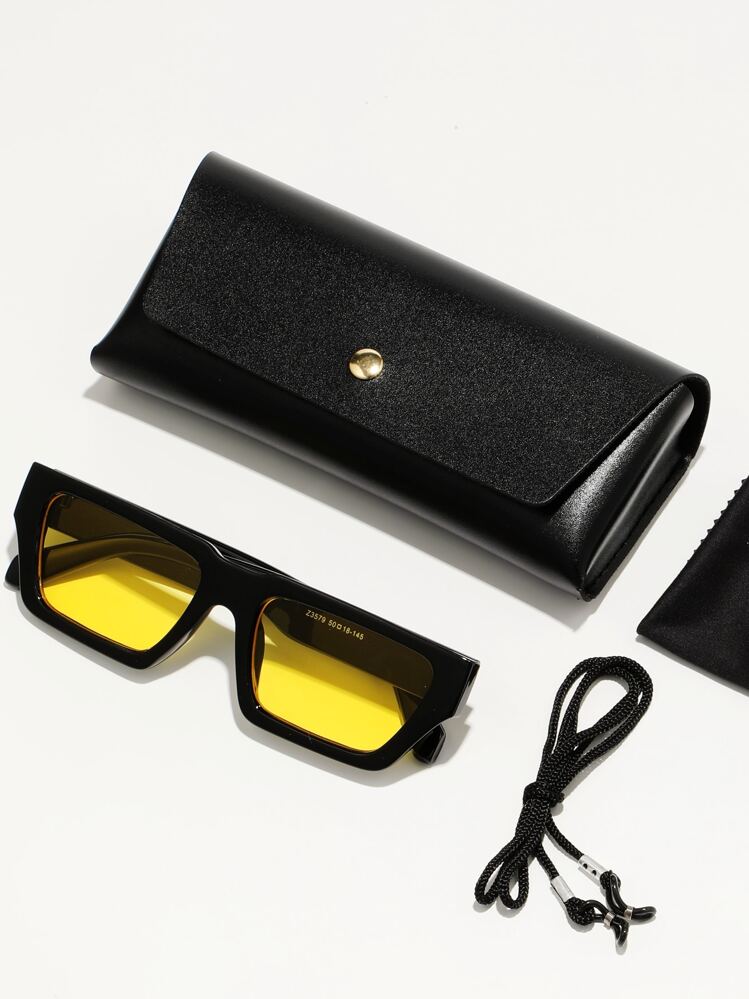 POLASUP 1pc Men Polycarbonate Explosion-Proof Lens Sports Leisure Street Retro Flat Top Fashion Copper Hinge Non-Plastic Hinge Special Anti-UV Sun Block Sunglasses (With Eyeglass Rope & Eyeglass Cloth) All Seasons Y2K Vintage Classic Fashionable. Stylish, Retro. Square. Travel. Sunglasses.Glasses UV Protection., UV400 Decorative Eyewear For Summer Beach Vacation, Outdoor, Travel - Black - View 1