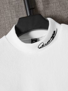 Manfinity VCAY 男士高领长袖刺绣字母休闲简约T恤，秋冬款 - 白色 - 查看 4