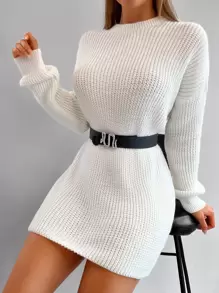 EURMUSE Solid Drop Shoulder Jumper Dress Without Belt - White - View 5