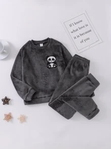 Boys Cartoon Panda Patched PJ Set - Dark Grey - View 1