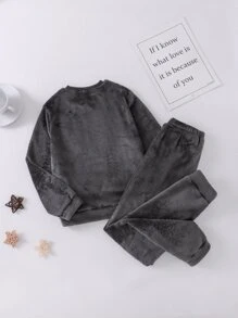 Boys Cartoon Panda Patched PJ Set - Dark Grey - View 2