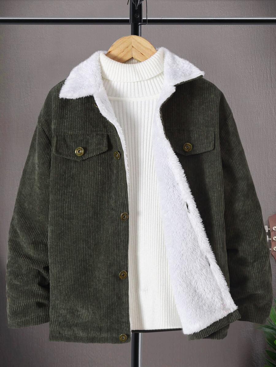 男孩翻蓋細節毛絨內襯燈芯絨大衣無毛衣