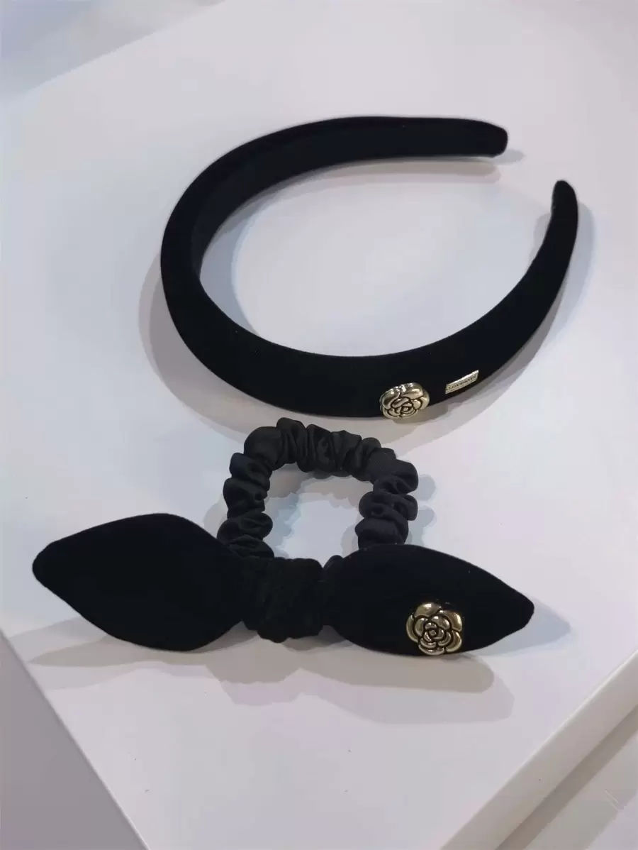 2 piezas Set accesorio de pelo lazo & con diseño de flor - Negro - Ver 1