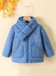 Young Boy Solid Zip Up Padded Coat With Scarf - Blue - View 1