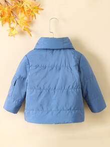 Young Boy Solid Zip Up Padded Coat With Scarf - Blue - View 2