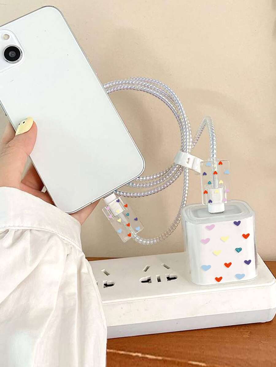 5入組愛心圖案透明數據線保護頭適用於iphone - 無色 - 查看 1