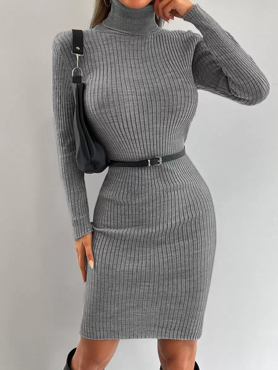 EURMUSE Turtleneck Ribbed Knit Jumper Dress - Grey - View 1