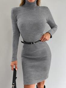 EURMUSE Turtleneck Ribbed Knit Jumper Dress - Grey - View 6