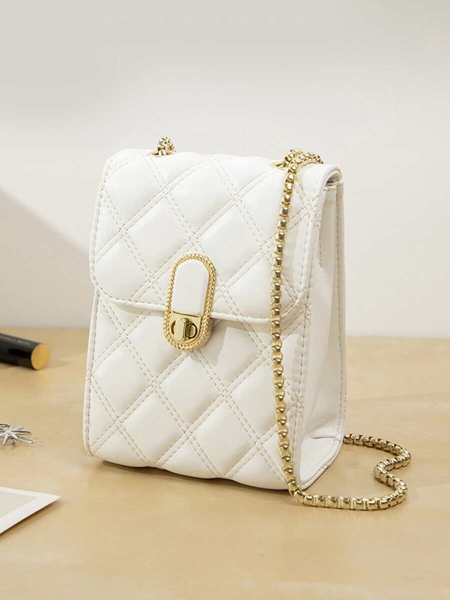 Mini Quilted Twist Lock Flap Chain Square Bag - White - View 1
