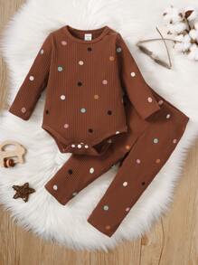 女寶寶圓點連體衣和長褲 - 咖啡棕 - 查看 1