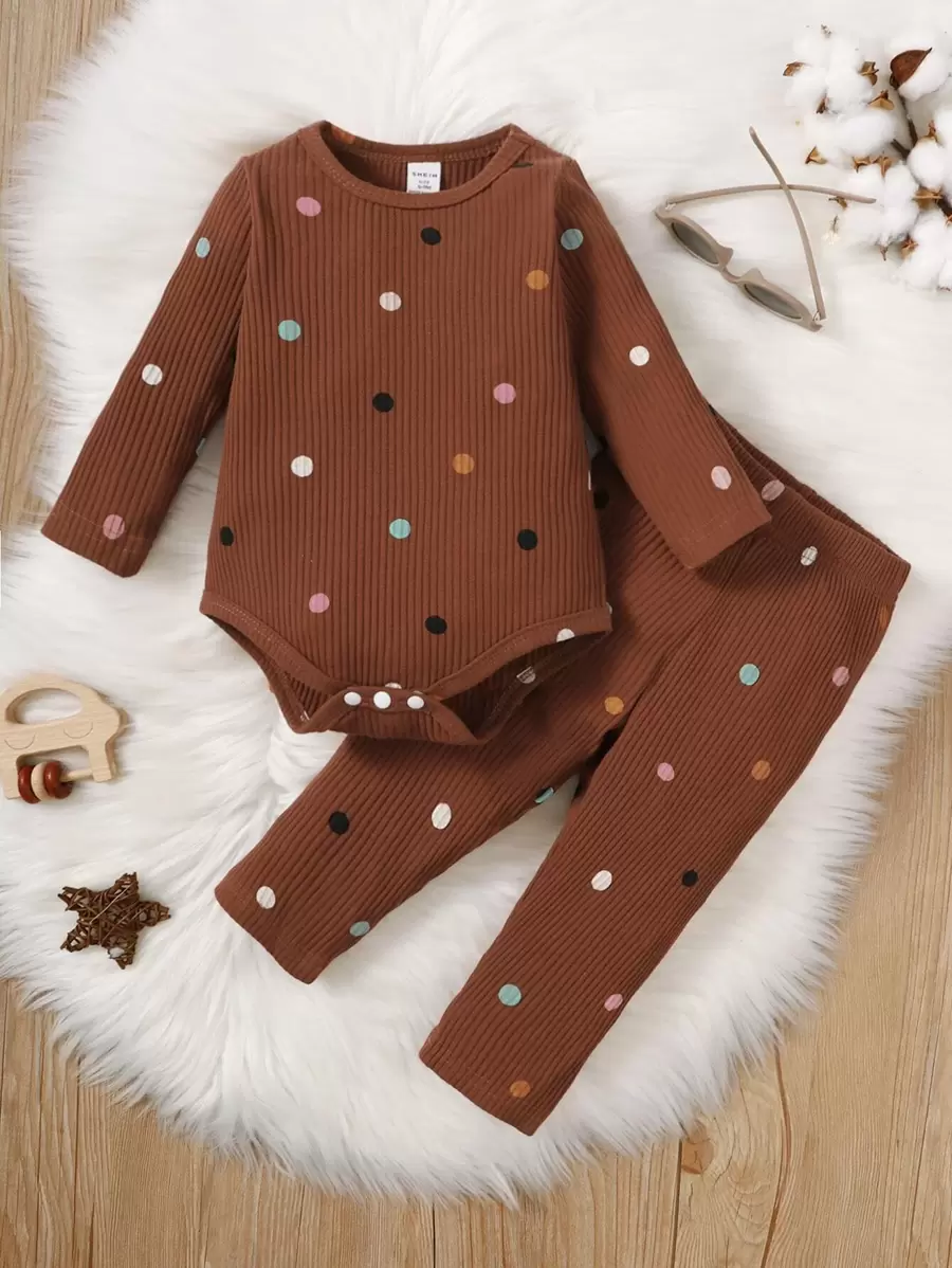 女寶寶圓點連體衣和長褲 - 咖啡棕 - 查看 1