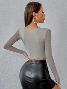 SHEIN ICON Square Neck Asymmetrical Hem Crop Tee - Light Grey - View 2