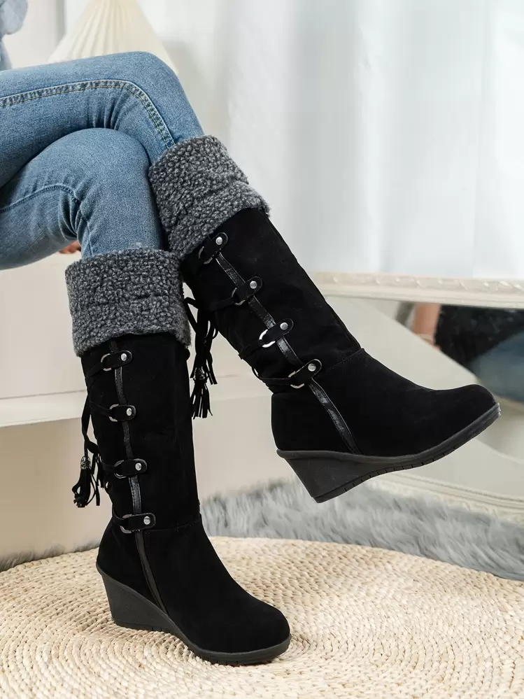 Bottes à franges & clouté duveteux compensé - Noir - Voir 1
