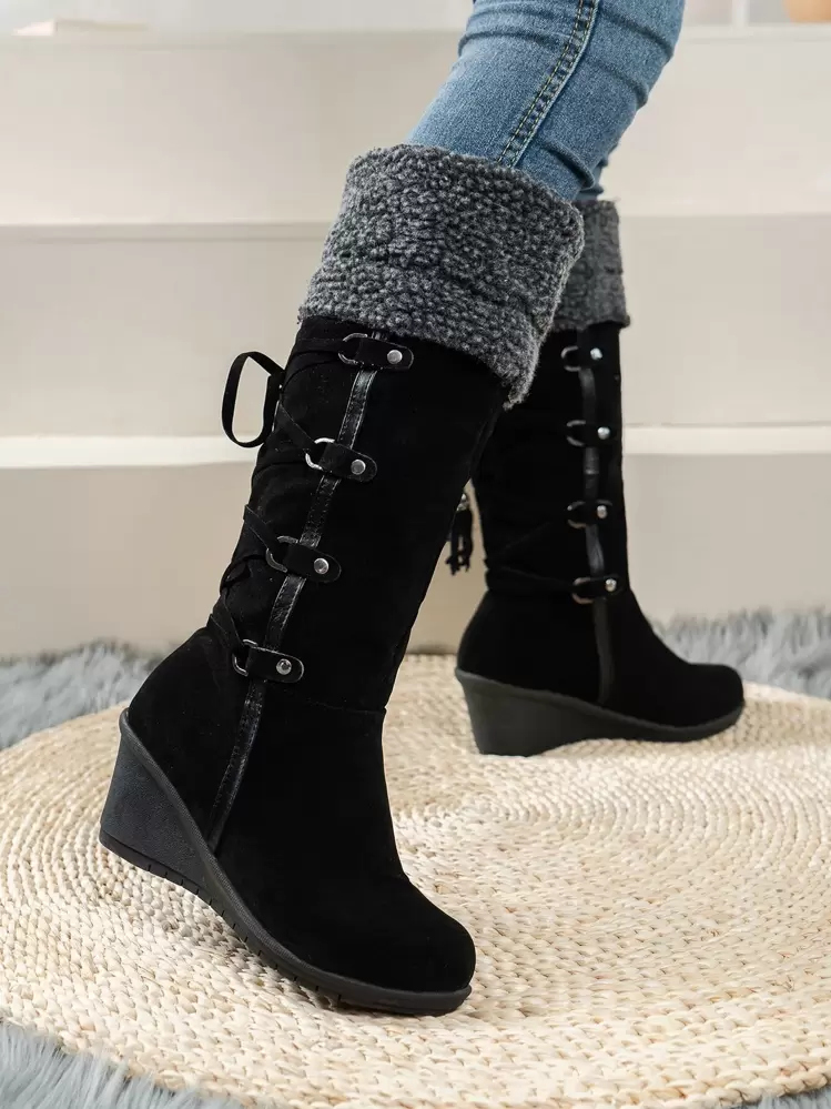 Bottes à franges & clouté duveteux compensé - Noir - Voir 4