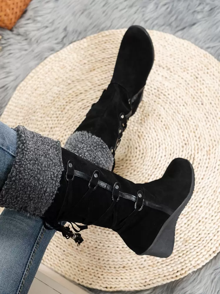 Bottes à franges & clouté duveteux compensé - Noir - Voir 5