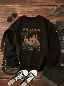 INAWLY 仙人掌和字母圖案保暖衛衣 - 黑色 - 查看 1