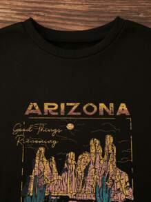 INAWLY 仙人掌和字母圖案保暖衛衣 - 黑色 - 查看 4