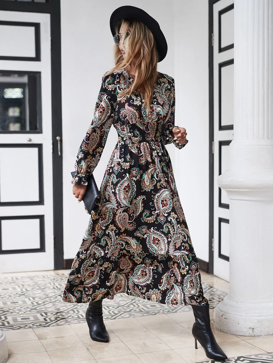 SHEIN Clasi Paisley Print Belted A-line Dress - Black - View 1