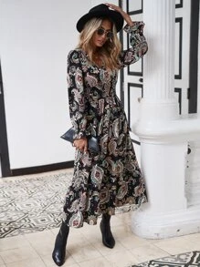 SHEIN Clasi Paisley Print Belted A-line Dress - Black - View 5