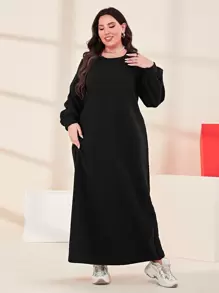 Mulvari Plus Solid Bishop Sleeve Sweatshirt Dress - Black - View 1