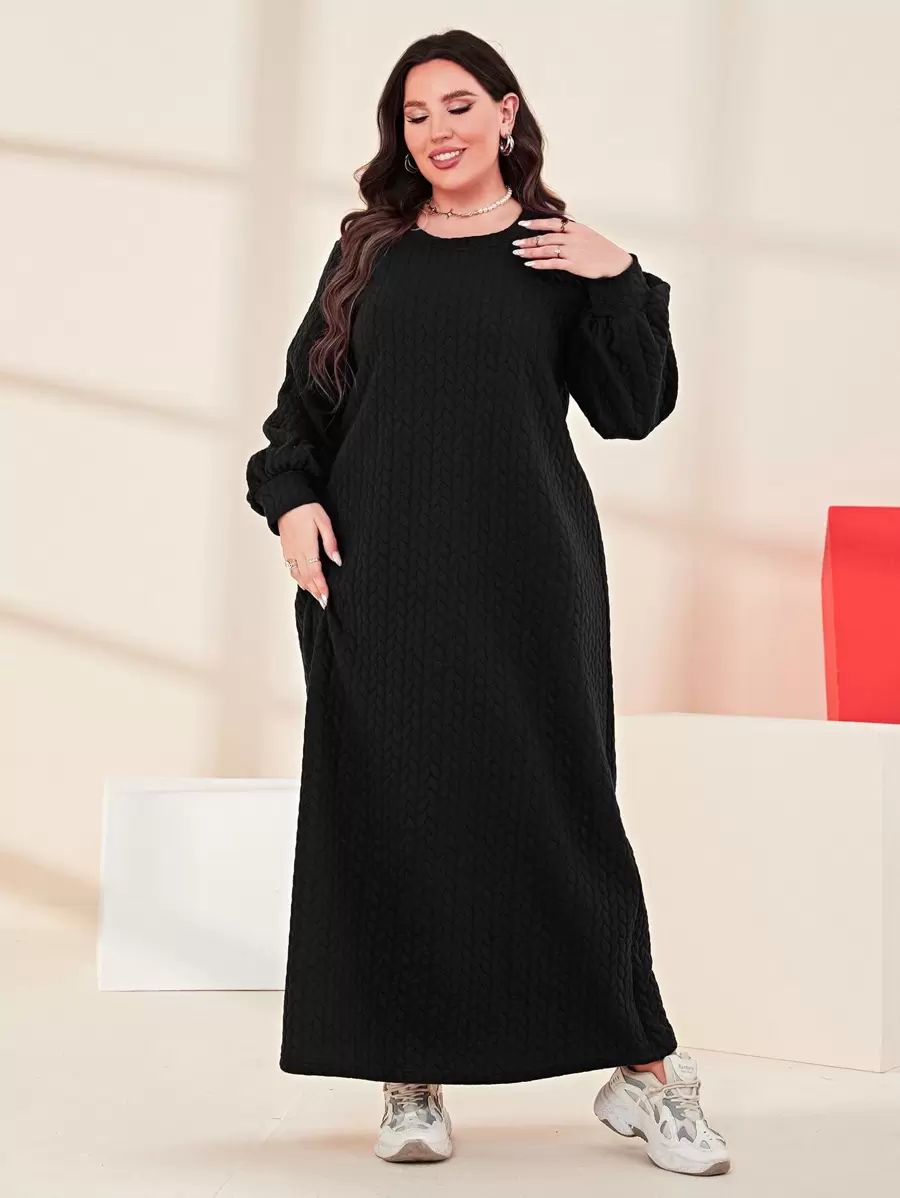 Mulvari Plus Solid Bishop Sleeve Sweatshirt Dress - Black - View 1