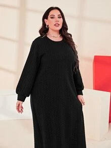 Mulvari Plus Solid Bishop Sleeve Sweatshirt Dress - Black - View 4