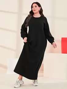 Mulvari Plus Solid Bishop Sleeve Sweatshirt Dress - Black - View 6