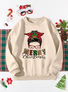 Christmas Print Drop Shoulder Sweatshirt - Apricot - View 1