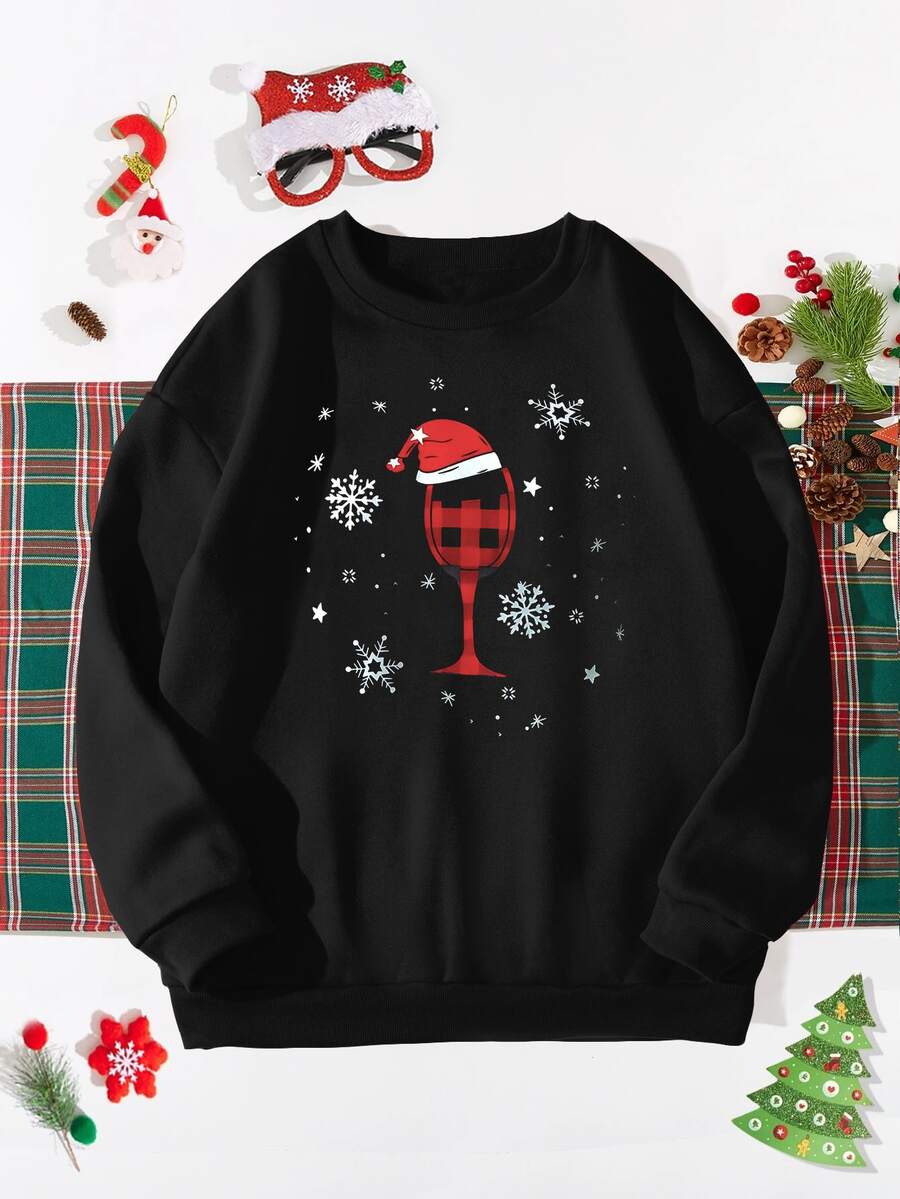Christmas Print Drop Shoulder Sweatshirt - Black - View 1